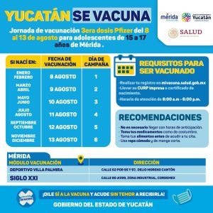 Comienza una nueva fase de vacunación con la aplicación de segundas dosis para adolescentes de 12 a 14 años y terceras dosis para jóvenes de 15 a 17 años de Mérida