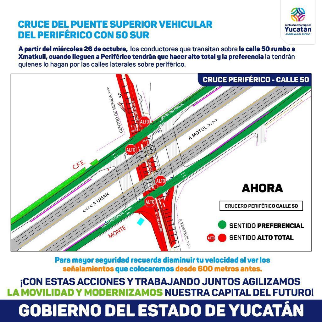 Mañana comenzarán los cambios de vialidad en el Periférico de Mérida, en sus intersecciones con las calles 50 Sur, 42 Sur y 58 Mulchechén
