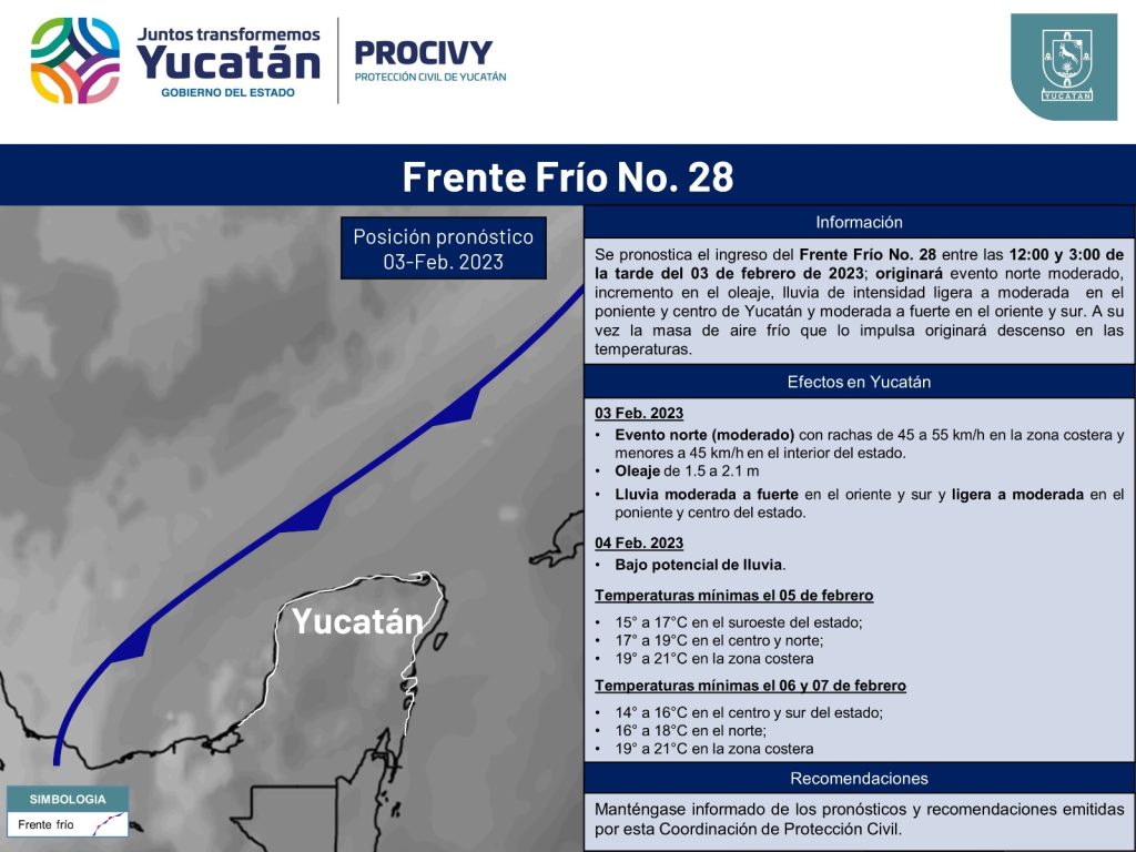 Anticipa Procivy ingreso del frente frío 28, a partir del próximo viernes