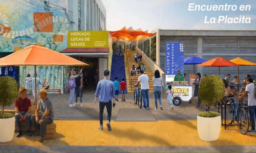 Personas en mercado con puestos, bancas y escaleras en área llamada La Placita