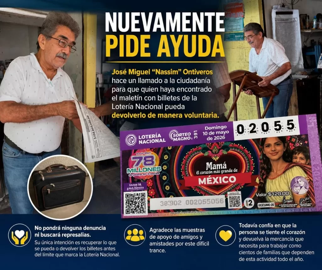 Hombre con gafas sostiene boletos de Lotería Nacional junto a imagen de maletín negro y boleto del sorteo Magno