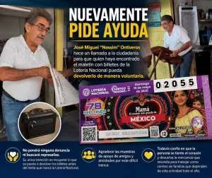 Hombre con gafas sostiene boletos de Lotería Nacional junto a imagen de maletín negro y boleto del sorteo Magno