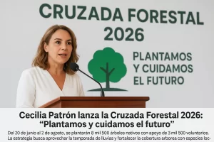Mujer hablando en micrófono durante lanzamiento de Cruzada Forestal 2026 con fondo que dice Plantamos y cuidamos el futuro