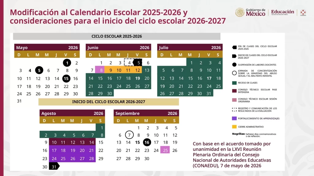 Calendario con modificaciones para el ciclo escolar 2025-2026 y consideraciones para 2026-2027