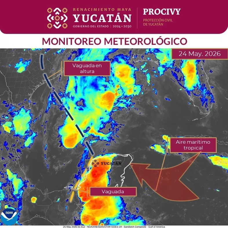 Imagen satelital del clima con vaguadas y aire marítimo tropical sobre la península de Yucatán