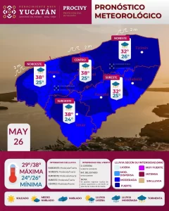 Mapa del estado de Yucatán con pronóstico meteorológico para el 26 de mayo indicando temperaturas y lluvias en regiones Noroe