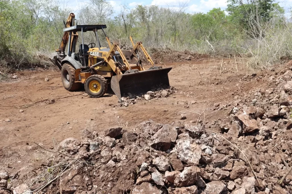 Retroexcavadora CASE trabajando en terreno con tierra y piedras, con árboles al fondo