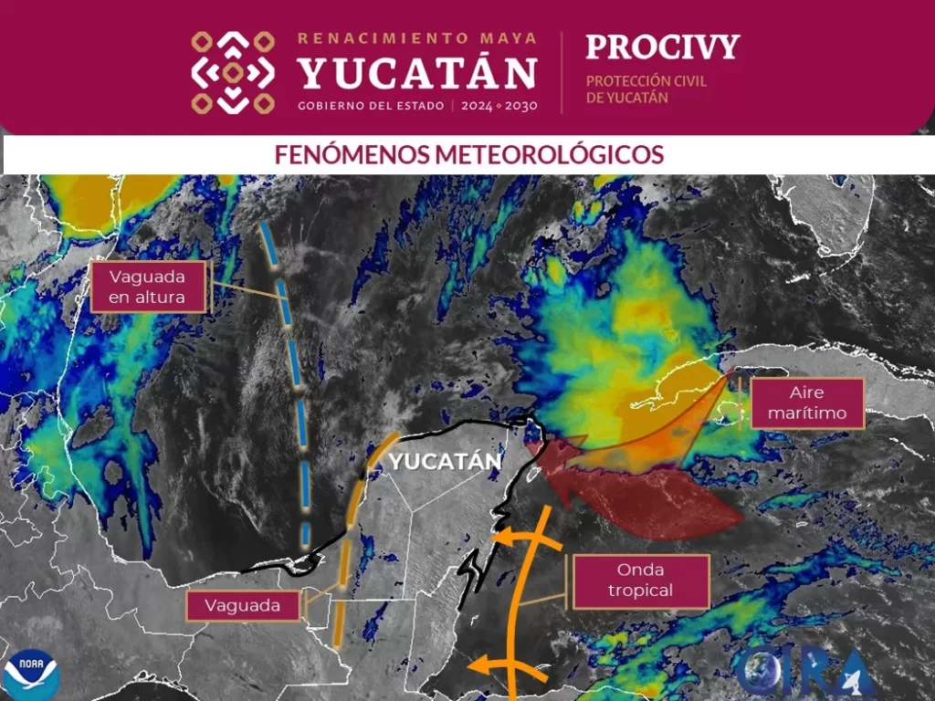 Mapa satelital con fenómenos meteorológicos como vaguada en altura, vaguada, aire marítimo y onda tropical sobre Yucatán