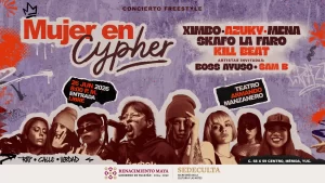 Cartel de concierto freestyle Mujer en Cypher con imágenes de artistas y detalles del evento en Mérida Yucatán