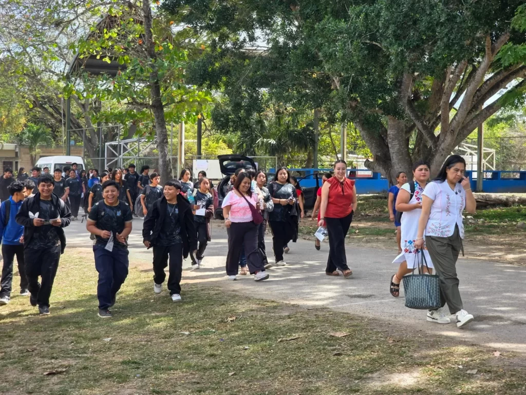Grupo de estudiantes y profesores caminando por un camino rodeado de árboles y pasto bajo un día soleado