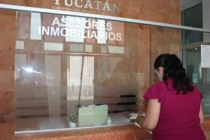 Mujer en oficina de asesores inmobiliarios en Yucatán con mostrador de cristal y pared de piedra